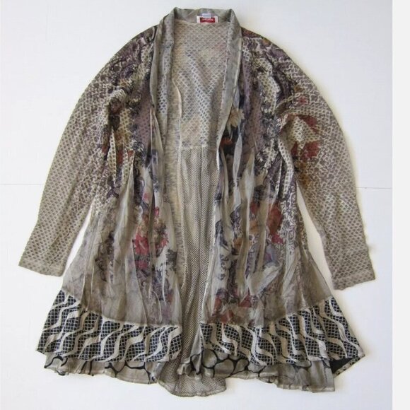 Kamana LIKE NEW long line open front textured mixed print artsy cardigan size S - Picture 1 of 5